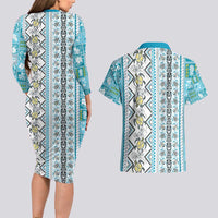 Hawaii Makahiki Turtle Couples Matching Long Sleeve Bodycon Dress and Hawaiian Shirt Blue Tapa Pattern - Polynesian Pride