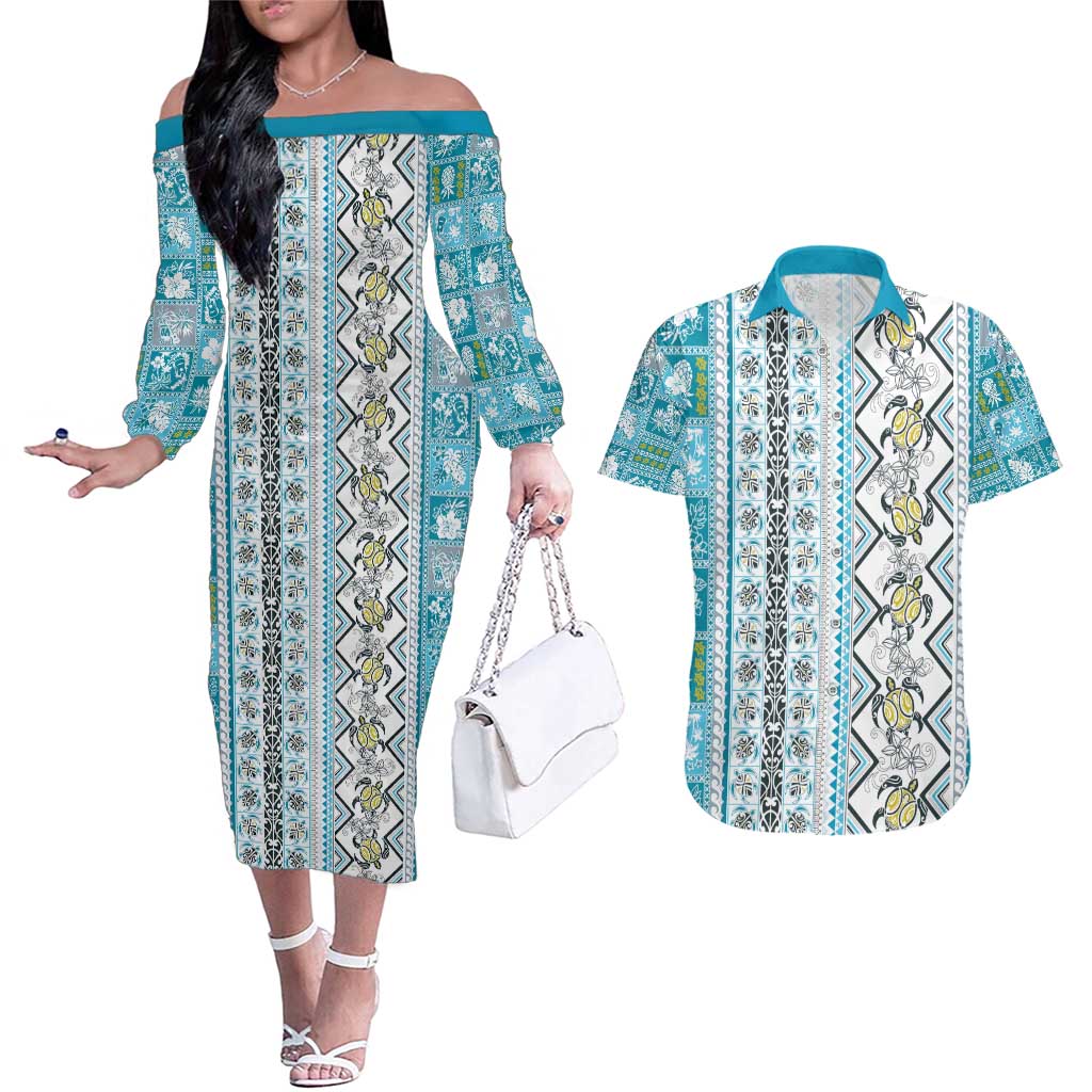 Hawaii Makahiki Turtle Couples Matching Off The Shoulder Long Sleeve Dress and Hawaiian Shirt Blue Tapa Pattern - Polynesian Pride