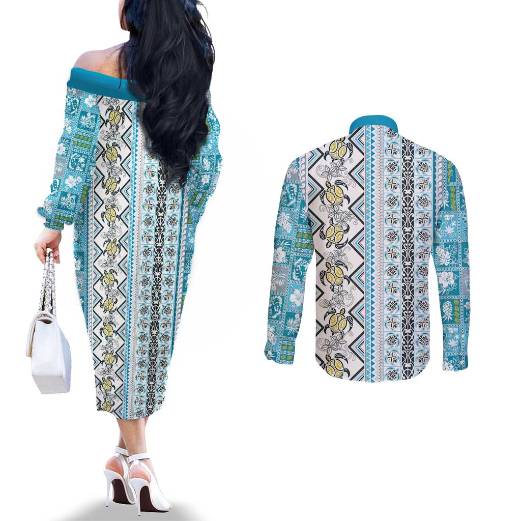 Hawaii Makahiki Turtle Couples Matching Off The Shoulder Long Sleeve Dress and Long Sleeve Button Shirt Blue Tapa Pattern - Polynesian Pride