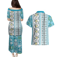 Hawaii Makahiki Turtle Couples Matching Puletasi and Hawaiian Shirt Blue Tapa Pattern - Polynesian Pride