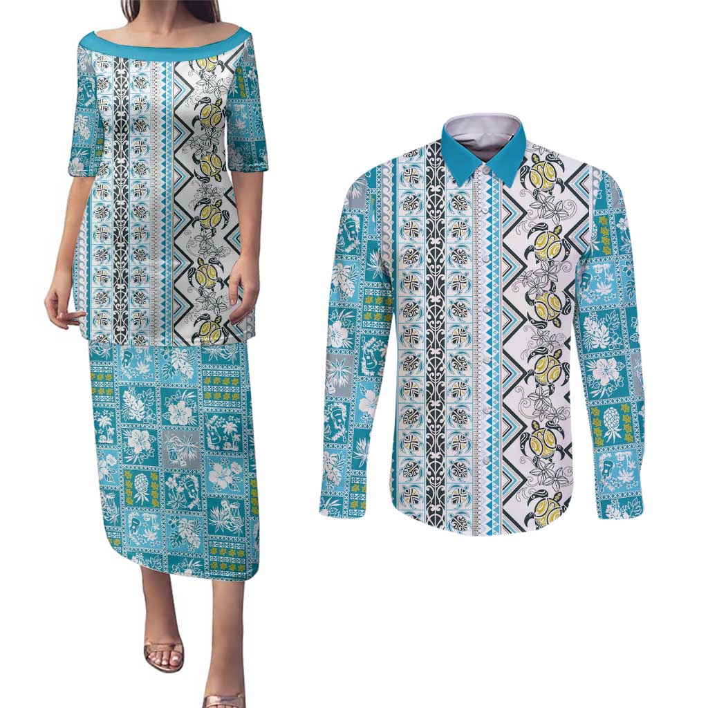Hawaii Makahiki Turtle Couples Matching Puletasi and Long Sleeve Button Shirt Blue Tapa Pattern - Polynesian Pride