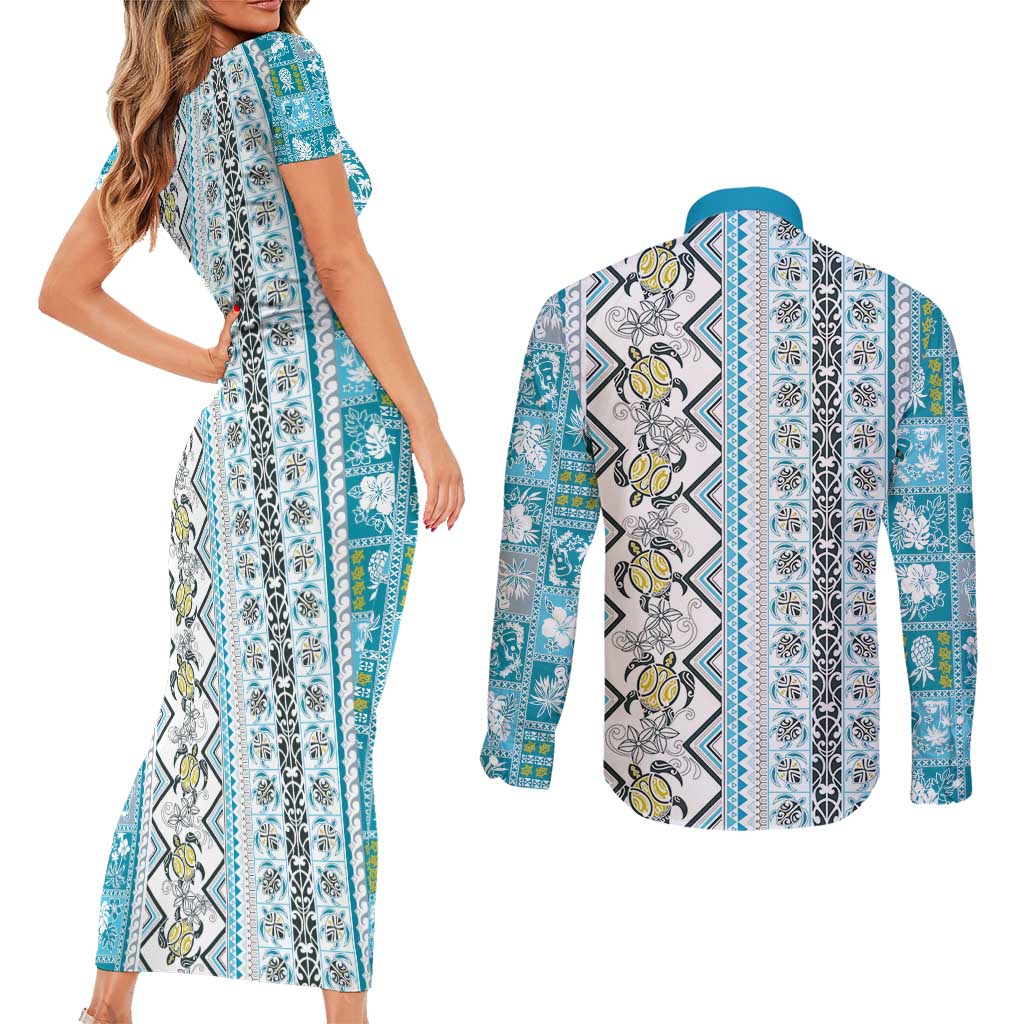 Hawaii Makahiki Turtle Couples Matching Short Sleeve Bodycon Dress and Long Sleeve Button Shirt Blue Tapa Pattern - Polynesian Pride