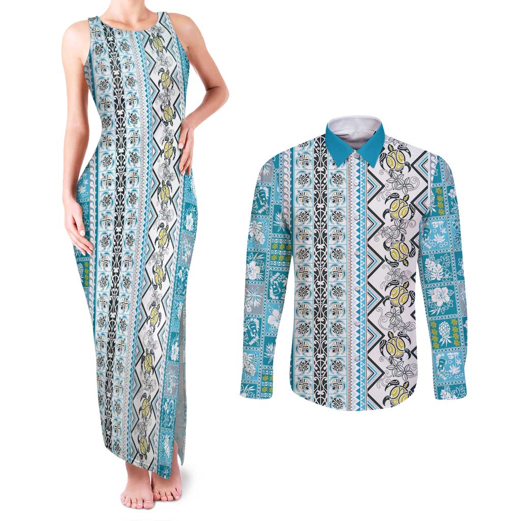 Hawaii Makahiki Turtle Couples Matching Tank Maxi Dress and Long Sleeve Button Shirt Blue Tapa Pattern - Polynesian Pride