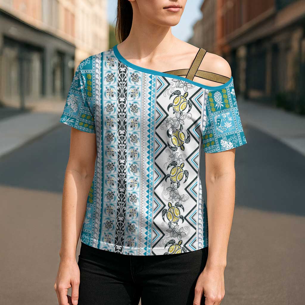 Hawaii Makahiki Turtle Cross Shoulder Shirt Blue Tapa Pattern - Polynesian Pride