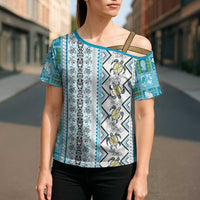 Hawaii Makahiki Turtle Cross Shoulder Shirt Blue Tapa Pattern - Polynesian Pride