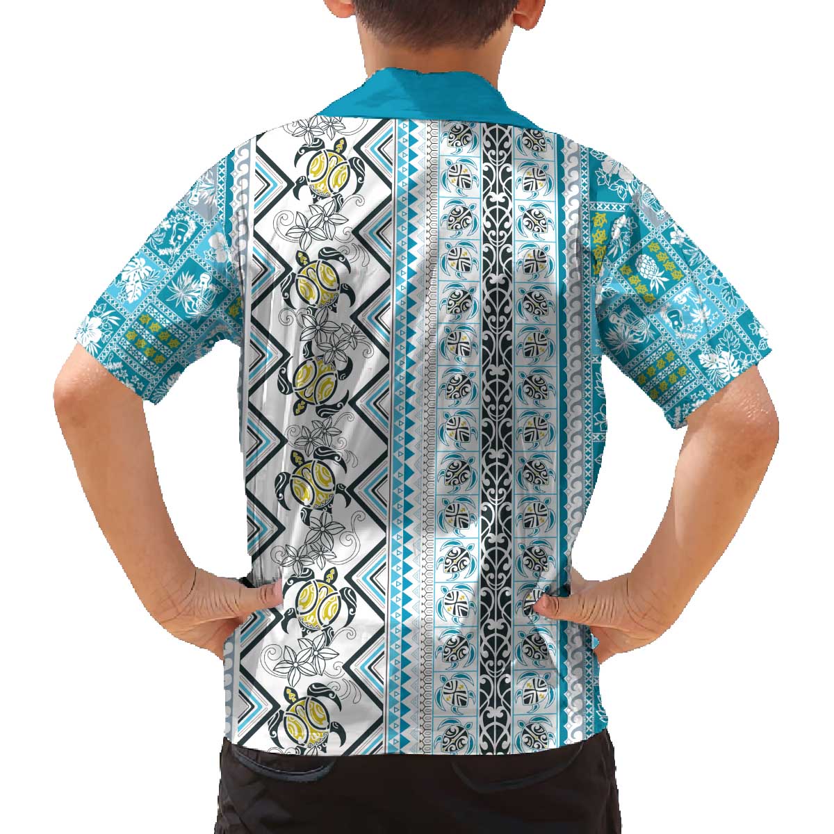 Hawaii Makahiki Turtle Family Matching Off The Shoulder Long Sleeve Dress and Hawaiian Shirt Blue Tapa Pattern - Polynesian Pride