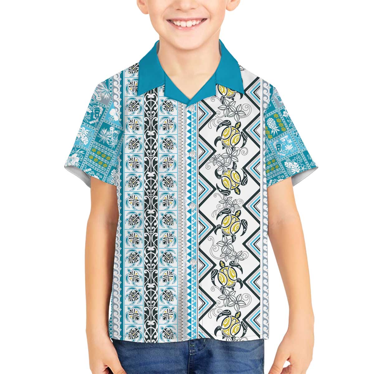 Hawaii Makahiki Turtle Family Matching Off The Shoulder Long Sleeve Dress and Hawaiian Shirt Blue Tapa Pattern - Polynesian Pride