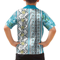Hawaii Makahiki Turtle Family Matching Off Shoulder Maxi Dress and Hawaiian Shirt Blue Tapa Pattern - Polynesian Pride