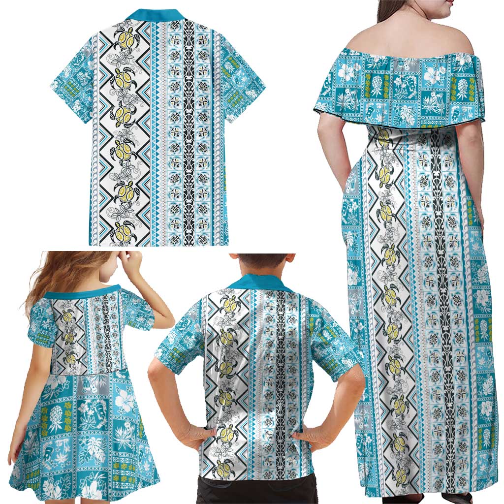 Hawaii Makahiki Turtle Family Matching Off Shoulder Maxi Dress and Hawaiian Shirt Blue Tapa Pattern - Polynesian Pride