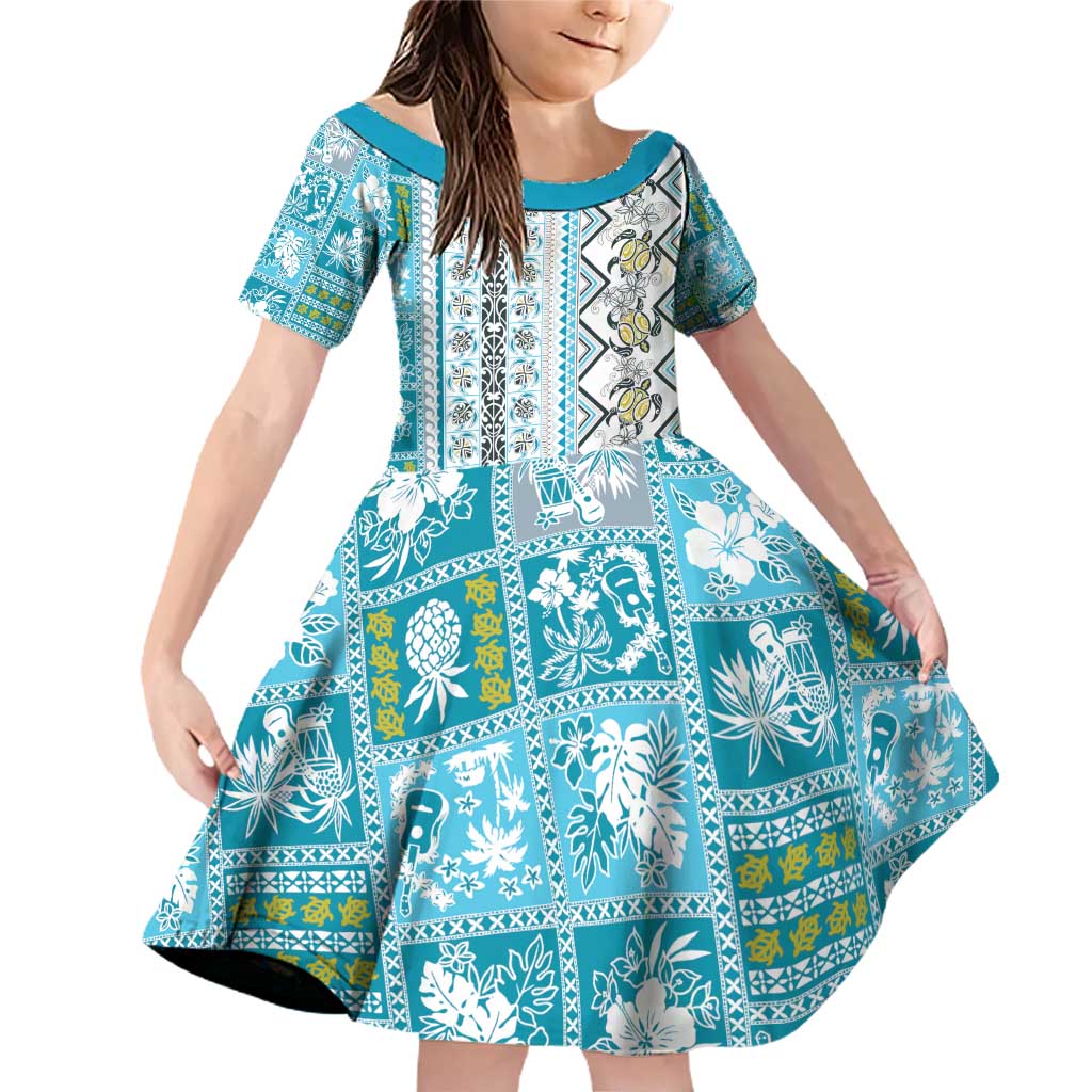 Hawaii Makahiki Turtle Family Matching Off Shoulder Short Dress and Hawaiian Shirt Blue Tapa Pattern - Polynesian Pride