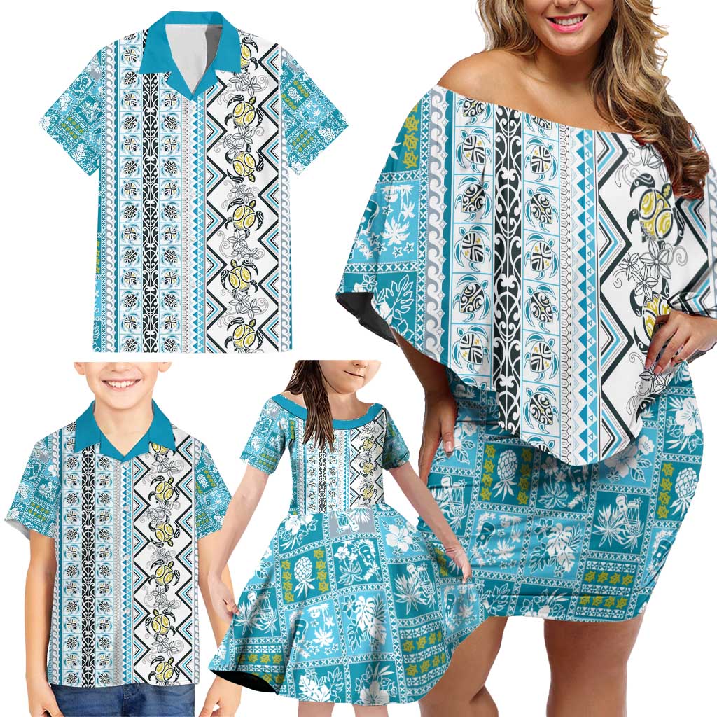 Hawaii Makahiki Turtle Family Matching Off Shoulder Short Dress and Hawaiian Shirt Blue Tapa Pattern - Polynesian Pride