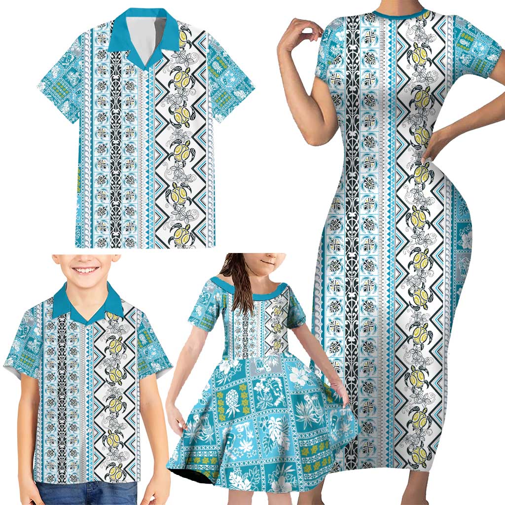 Hawaii Makahiki Turtle Family Matching Short Sleeve Bodycon Dress and Hawaiian Shirt Blue Tapa Pattern - Polynesian Pride