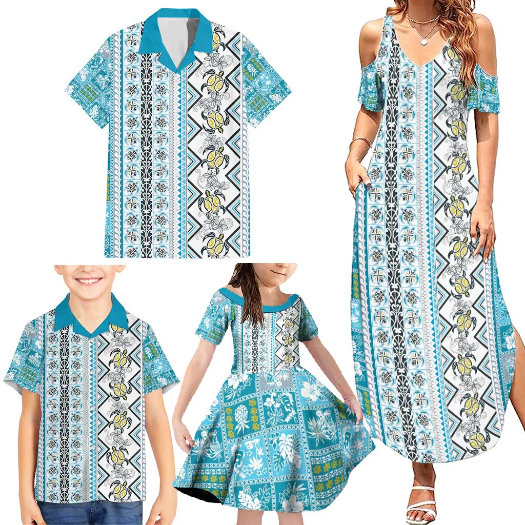 Hawaii Makahiki Turtle Family Matching Summer Maxi Dress and Hawaiian Shirt Blue Tapa Pattern - Polynesian Pride