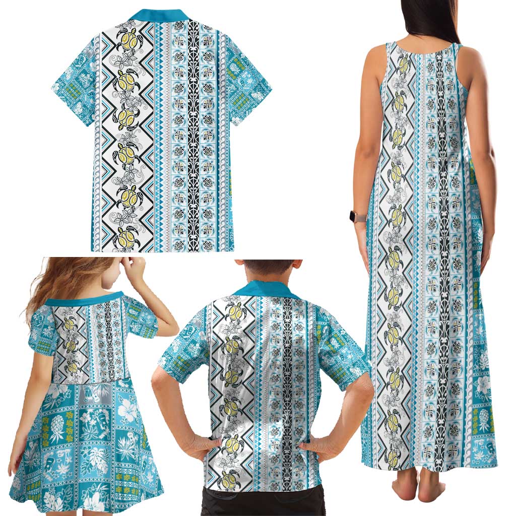 Hawaii Makahiki Turtle Family Matching Tank Maxi Dress and Hawaiian Shirt Blue Tapa Pattern - Polynesian Pride