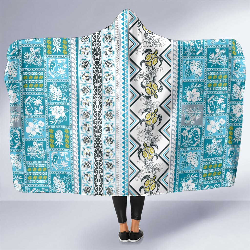 Hawaii Makahiki Turtle Hooded Blanket Blue Tapa Pattern - Polynesian Pride