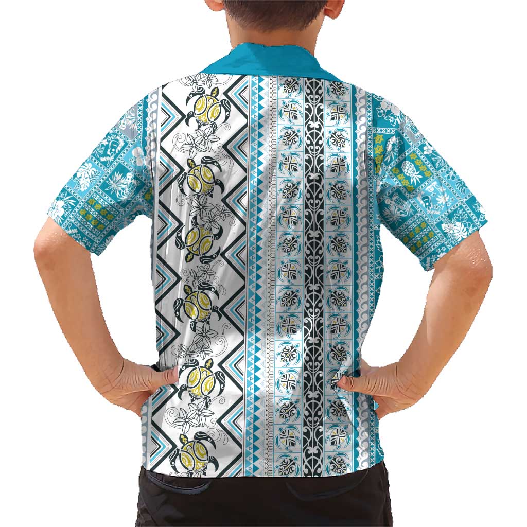 Hawaii Makahiki Turtle Kid Hawaiian Shirt Blue Tapa Pattern - Polynesian Pride