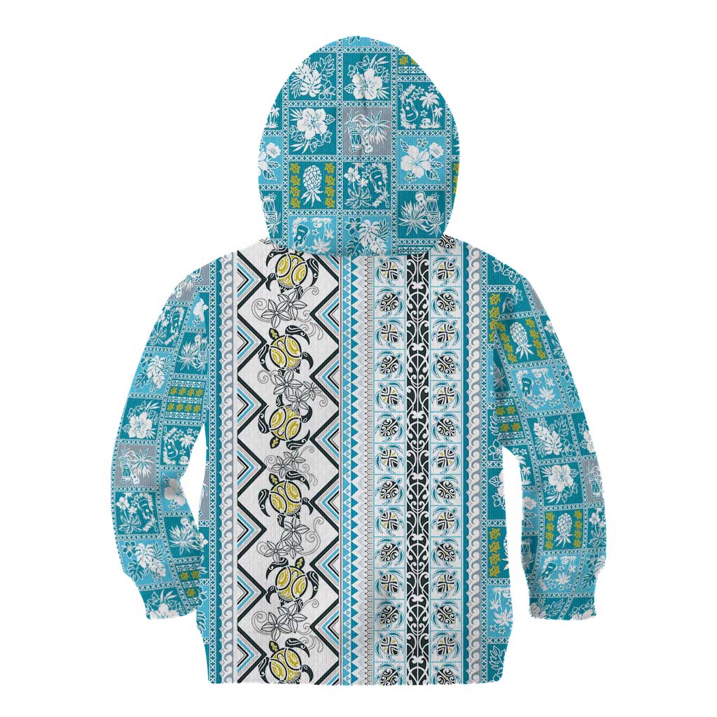 Hawaii Makahiki Turtle Kid Hoodie Blue Tapa Pattern - Polynesian Pride