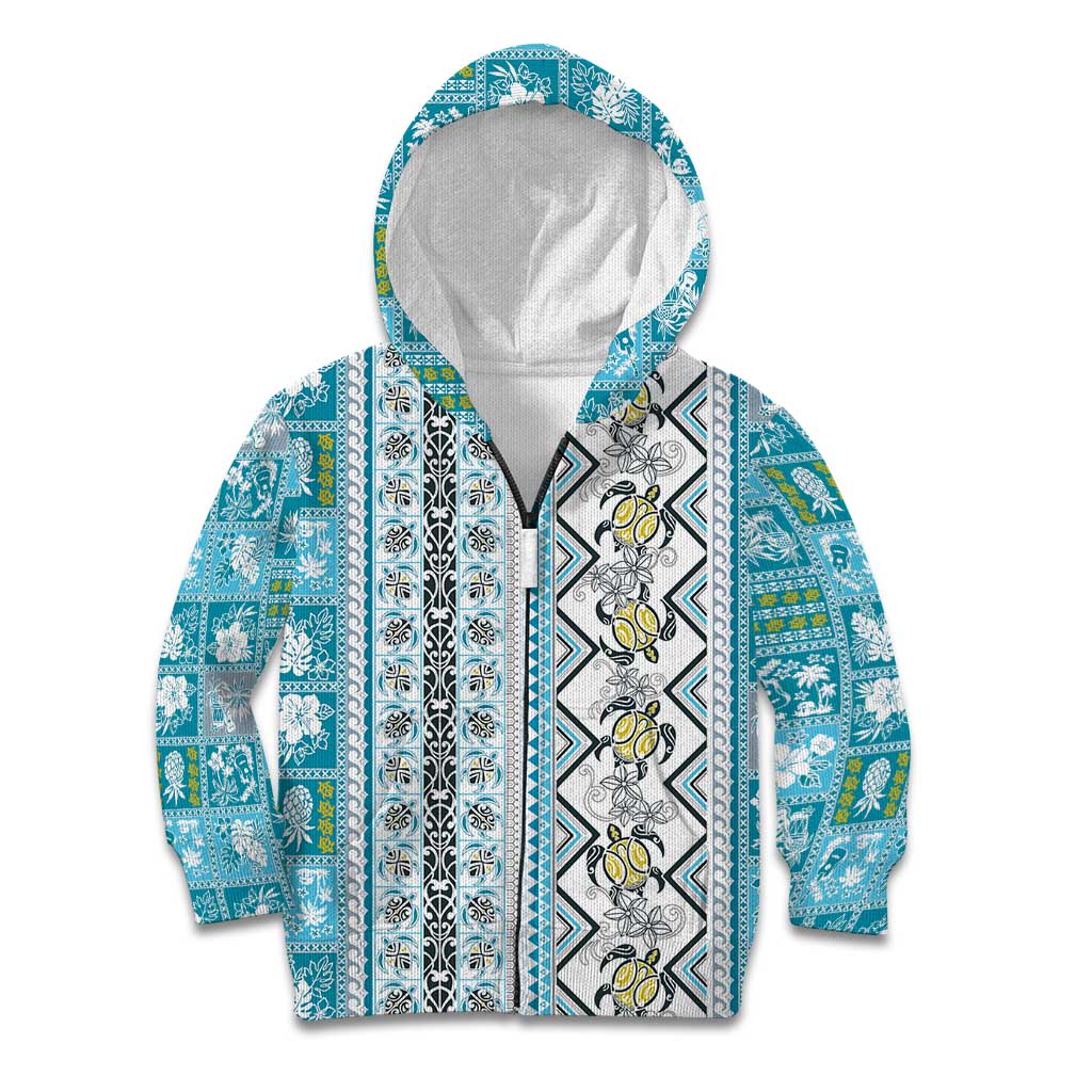 Hawaii Makahiki Turtle Kid Hoodie Blue Tapa Pattern - Polynesian Pride