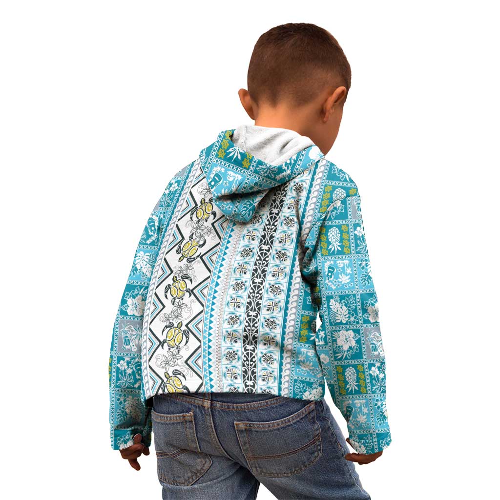 Hawaii Makahiki Turtle Kid Hoodie Blue Tapa Pattern - Polynesian Pride