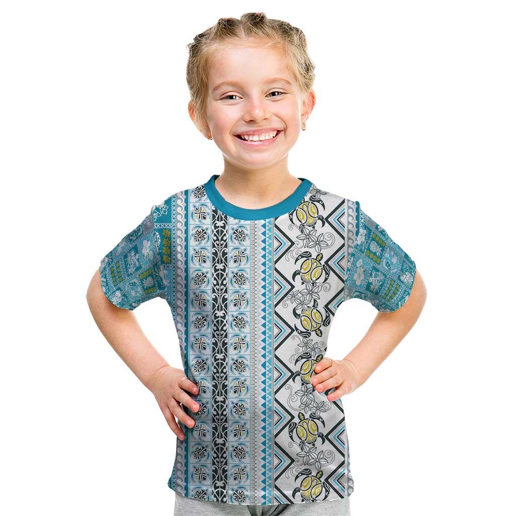 Hawaii Makahiki Turtle Kid T Shirt Blue Tapa Pattern - Polynesian Pride