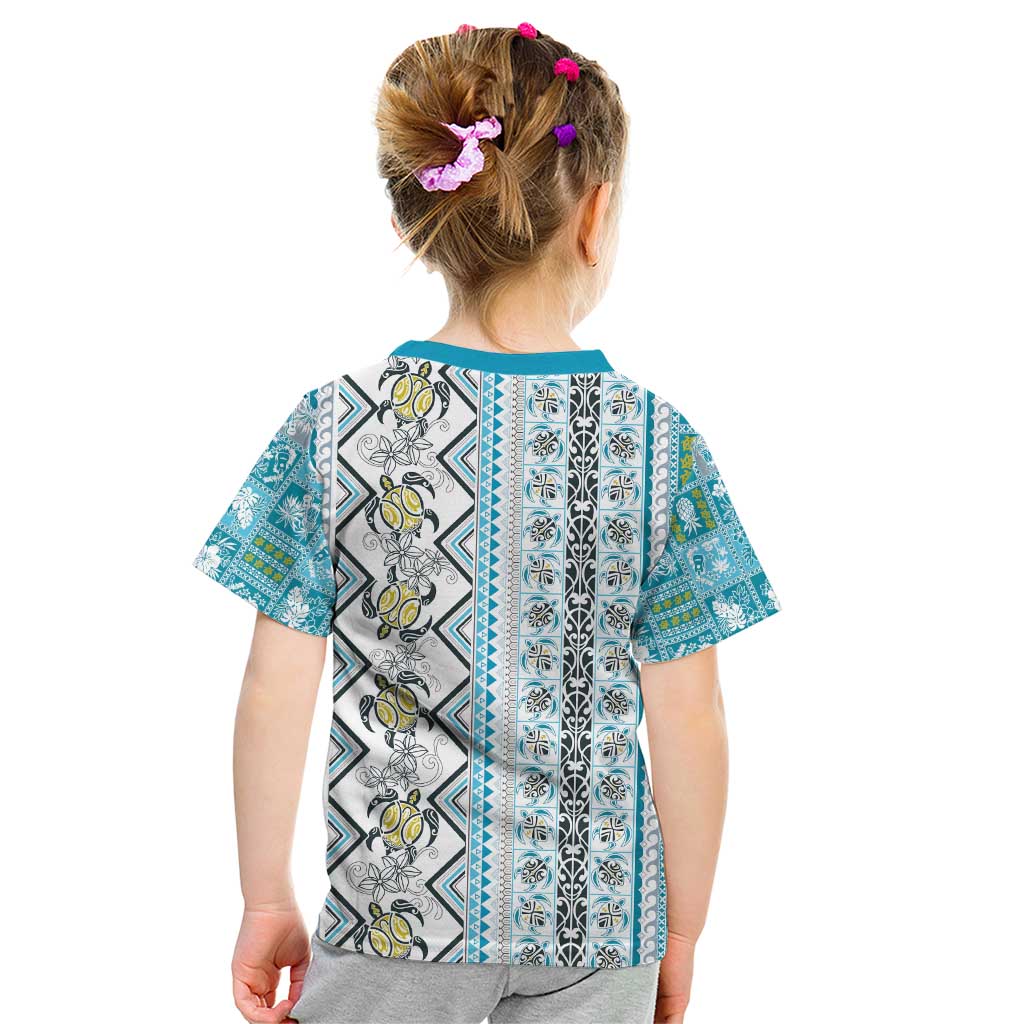 Hawaii Makahiki Turtle Kid T Shirt Blue Tapa Pattern - Polynesian Pride