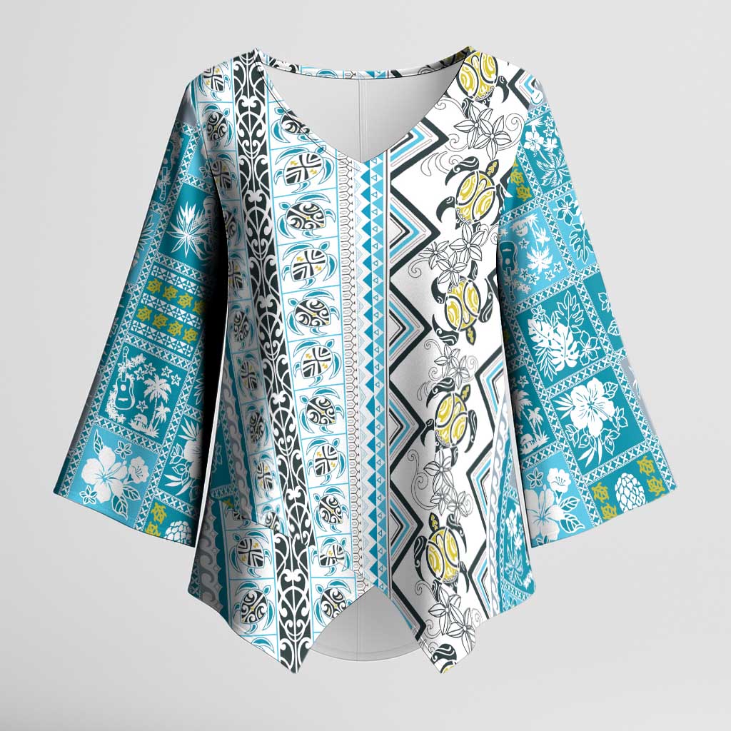 Hawaii Makahiki Turtle Kimono Sleeve Blouse Blue Tapa Pattern - Polynesian Pride