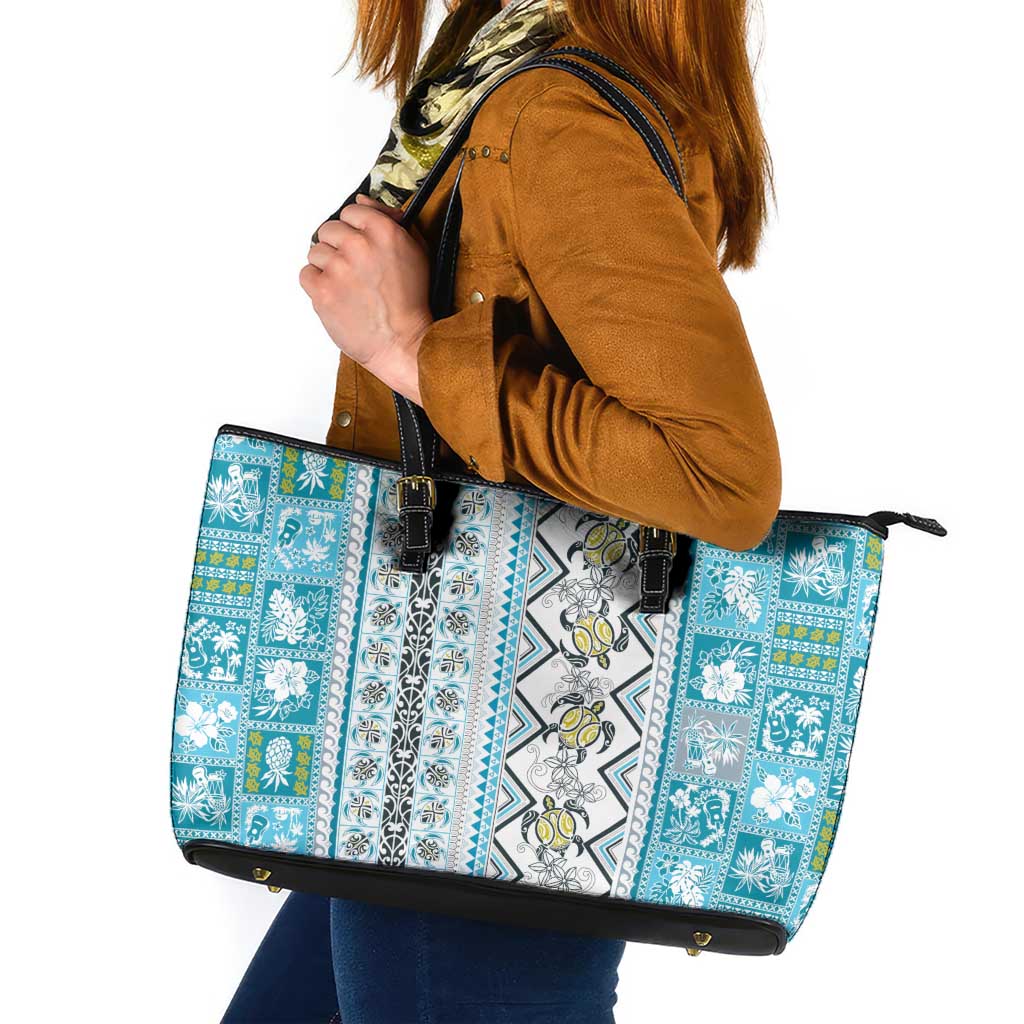Hawaii Makahiki Turtle Leather Tote Bag Blue Tapa Pattern - Polynesian Pride