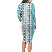 Hawaii Makahiki Turtle Long Sleeve Bodycon Dress Blue Tapa Pattern - Polynesian Pride