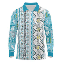 Hawaii Makahiki Turtle Long Sleeve Polo Shirt Blue Tapa Pattern - Polynesian Pride