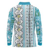Hawaii Makahiki Turtle Long Sleeve Polo Shirt Blue Tapa Pattern - Polynesian Pride
