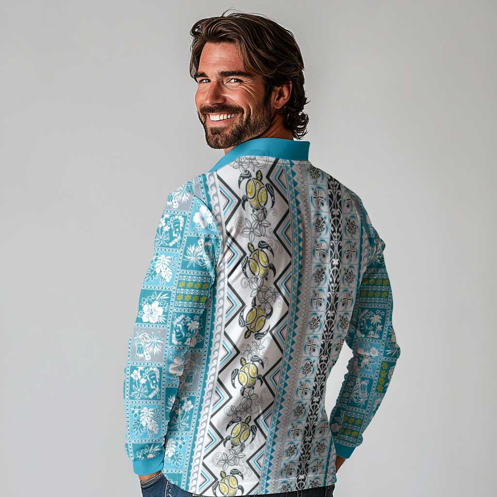 Hawaii Makahiki Turtle Long Sleeve Polo Shirt Blue Tapa Pattern - Polynesian Pride