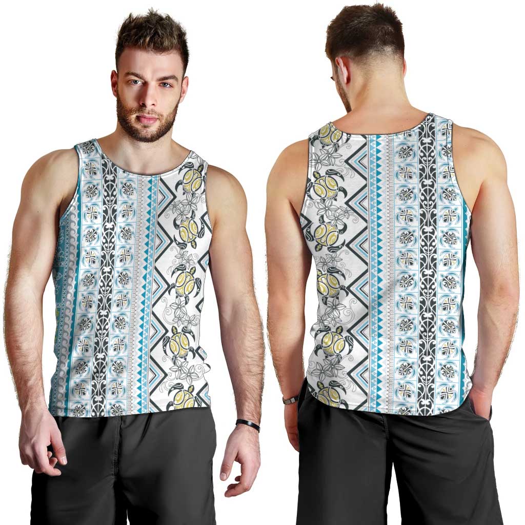 Hawaii Makahiki Turtle Men Tank Top Blue Tapa Pattern - Polynesian Pride