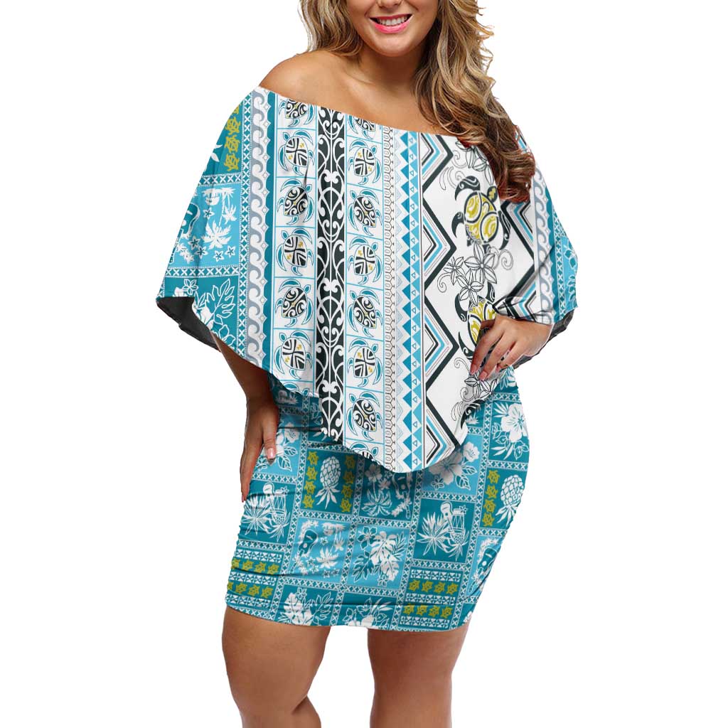 Hawaii Makahiki Turtle Off Shoulder Short Dress Blue Tapa Pattern - Polynesian Pride