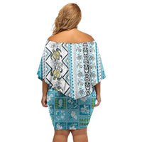 Hawaii Makahiki Turtle Off Shoulder Short Dress Blue Tapa Pattern - Polynesian Pride