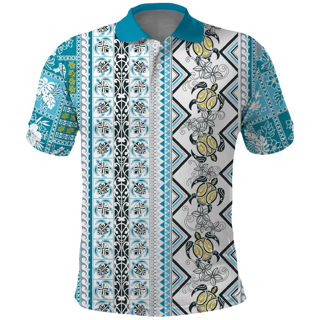 Hawaii Makahiki Turtle Polo Shirt Blue Tapa Pattern - Polynesian Pride