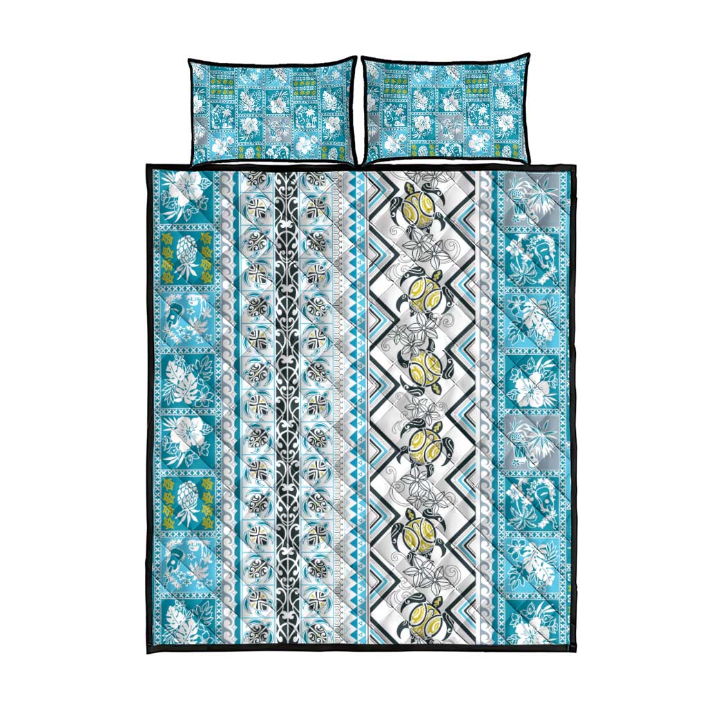 Hawaii Makahiki Turtle Quilt Bed Set Blue Tapa Pattern - Polynesian Pride