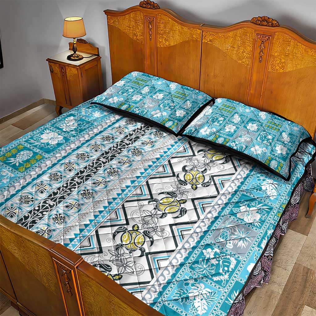 Hawaii Makahiki Turtle Quilt Bed Set Blue Tapa Pattern - Polynesian Pride