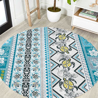 Hawaii Makahiki Turtle Round Carpet Blue Tapa Pattern - Polynesian Pride