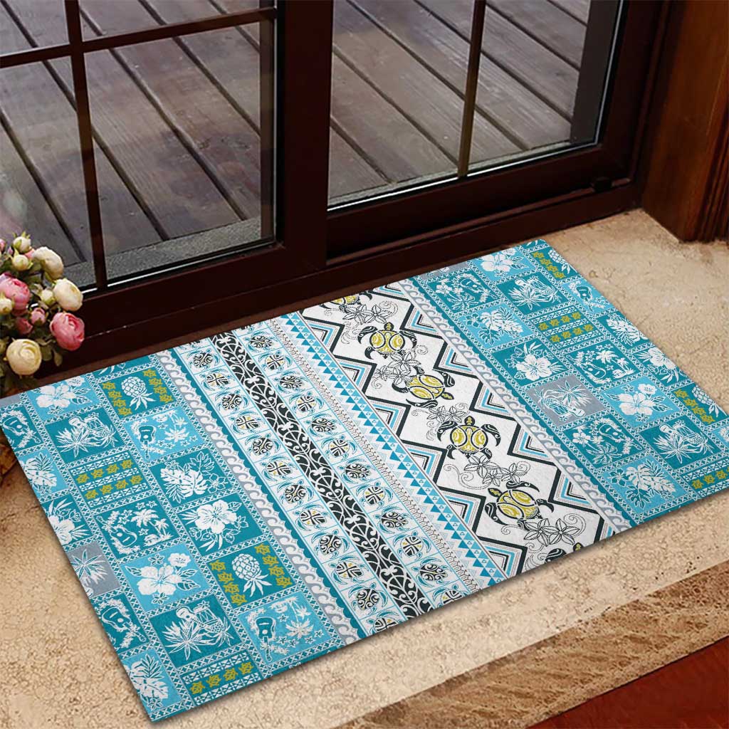 Hawaii Makahiki Turtle Rubber Doormat Blue Tapa Pattern - Polynesian Pride