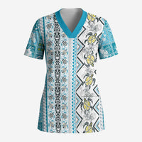 Hawaii Makahiki Turtle Scrub Top Blue Tapa Pattern - Polynesian Pride