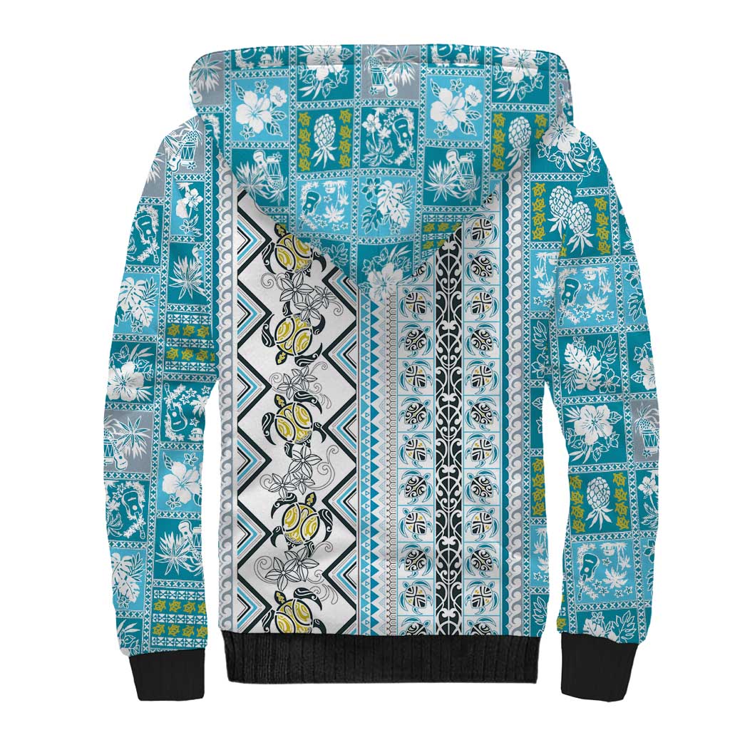 Hawaii Makahiki Turtle Sherpa Hoodie Blue Tapa Pattern - Polynesian Pride