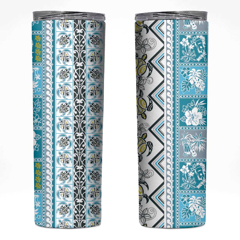 Hawaii Makahiki Turtle Skinny Tumbler Blue Tapa Pattern - Polynesian Pride