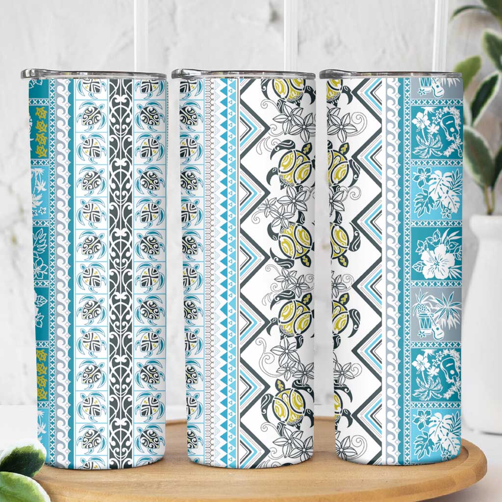 Hawaii Makahiki Turtle Skinny Tumbler Blue Tapa Pattern - Polynesian Pride