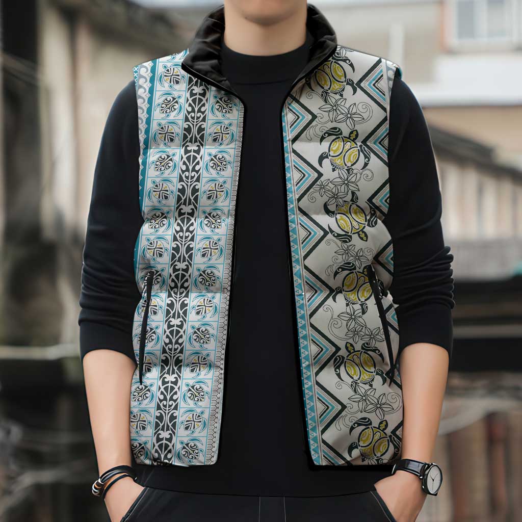Hawaii Makahiki Turtle Sleeveless Puffer Jacket Blue Tapa Pattern - Polynesian Pride