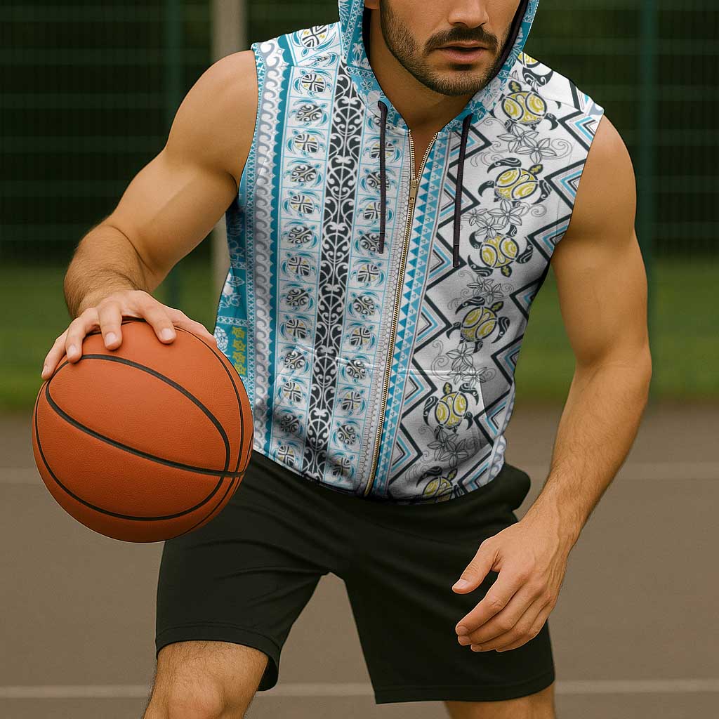 Hawaii Makahiki Turtle Sleeveless Zip Hoodie Blue Tapa Pattern - Polynesian Pride