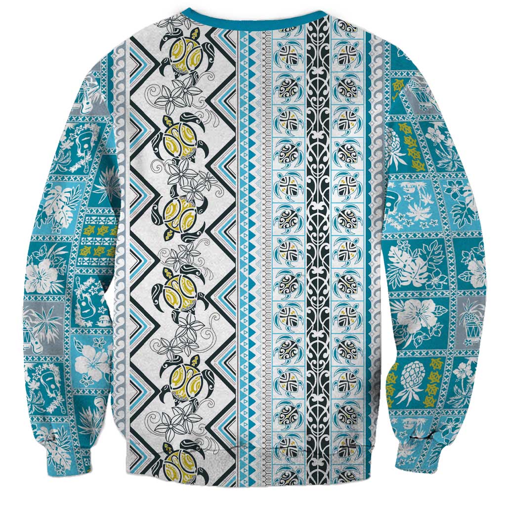 Hawaii Makahiki Turtle Sweatshirt Blue Tapa Pattern - Polynesian Pride