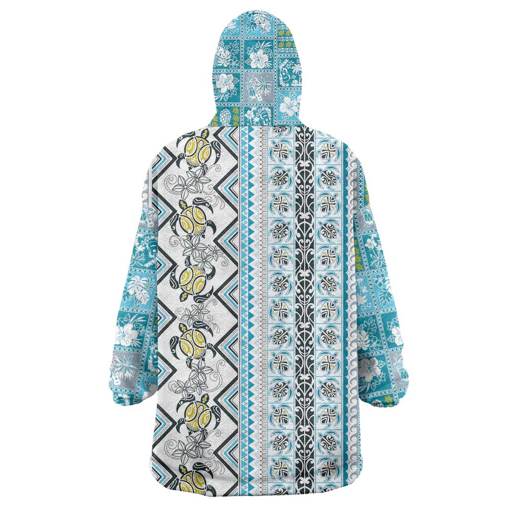 Hawaii Makahiki Turtle Wearable Blanket Hoodie Blue Tapa Pattern - Polynesian Pride