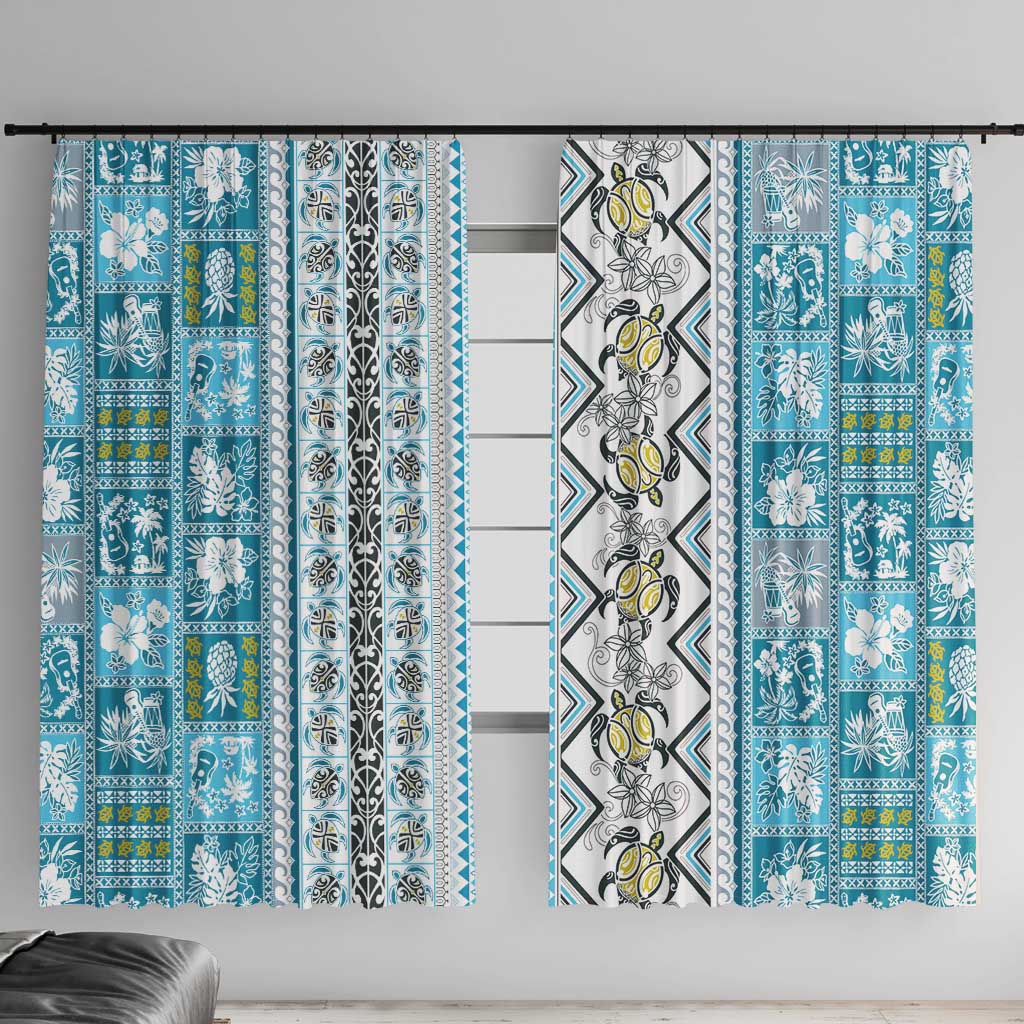 Hawaii Makahiki Turtle Window Curtain Blue Tapa Pattern - Polynesian Pride