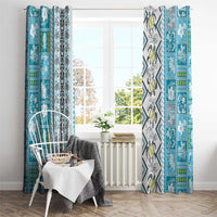 Hawaii Makahiki Turtle Window Curtain Blue Tapa Pattern - Polynesian Pride