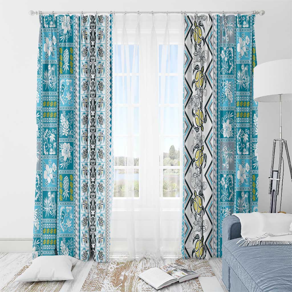Hawaii Makahiki Turtle Window Curtain Blue Tapa Pattern - Polynesian Pride